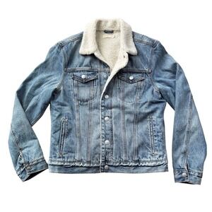 AllSaints Interbay Stonewashed Denim Sherpa Fleece Jean jacket Size Small Heavy